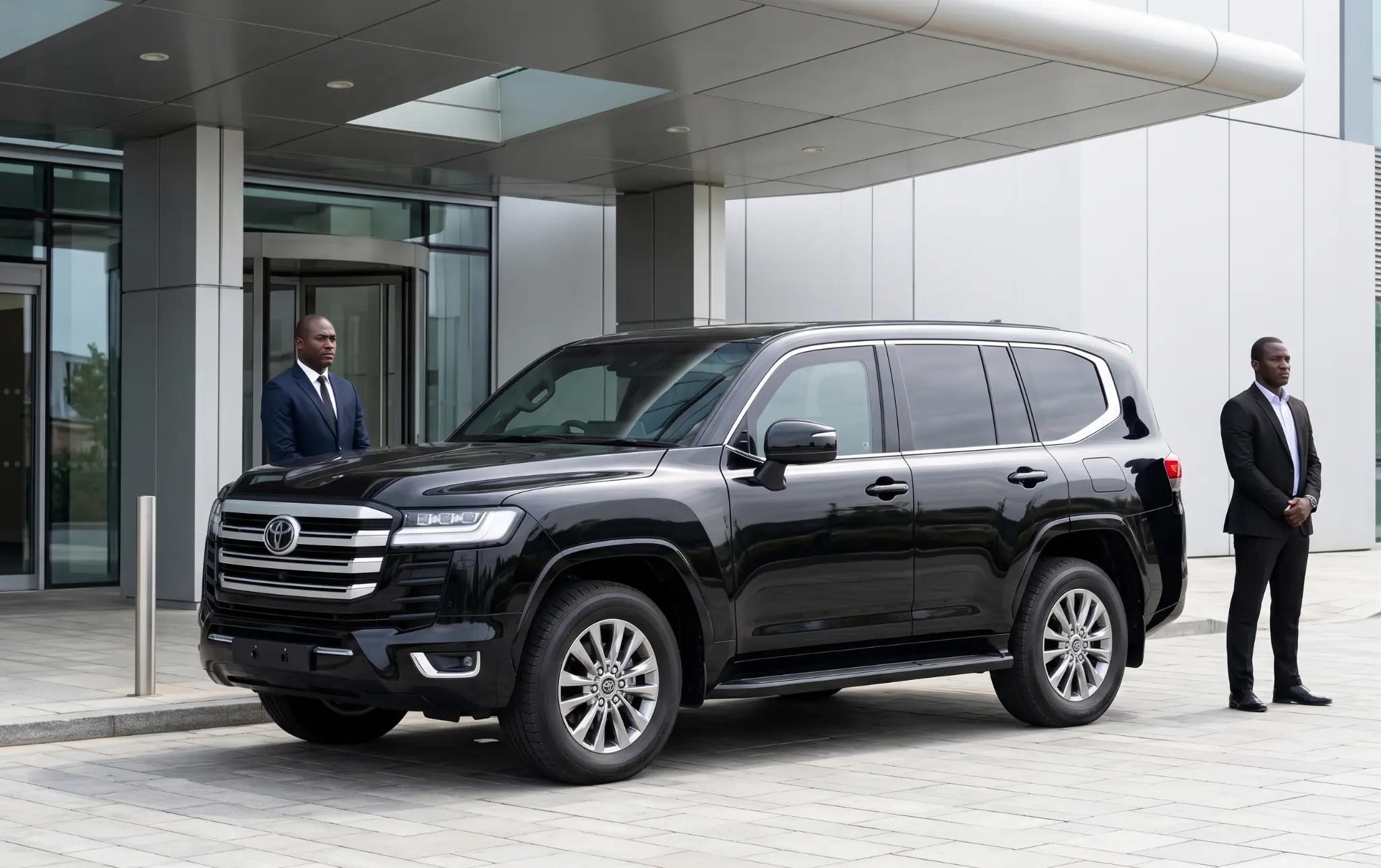 Discreet black protected mobility SUV at a controlled arrival point