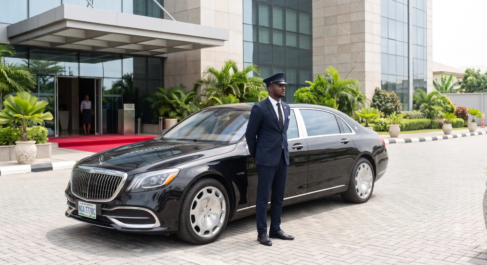 Black executive saloon with a uniformed chauffeur outside a corporate venue