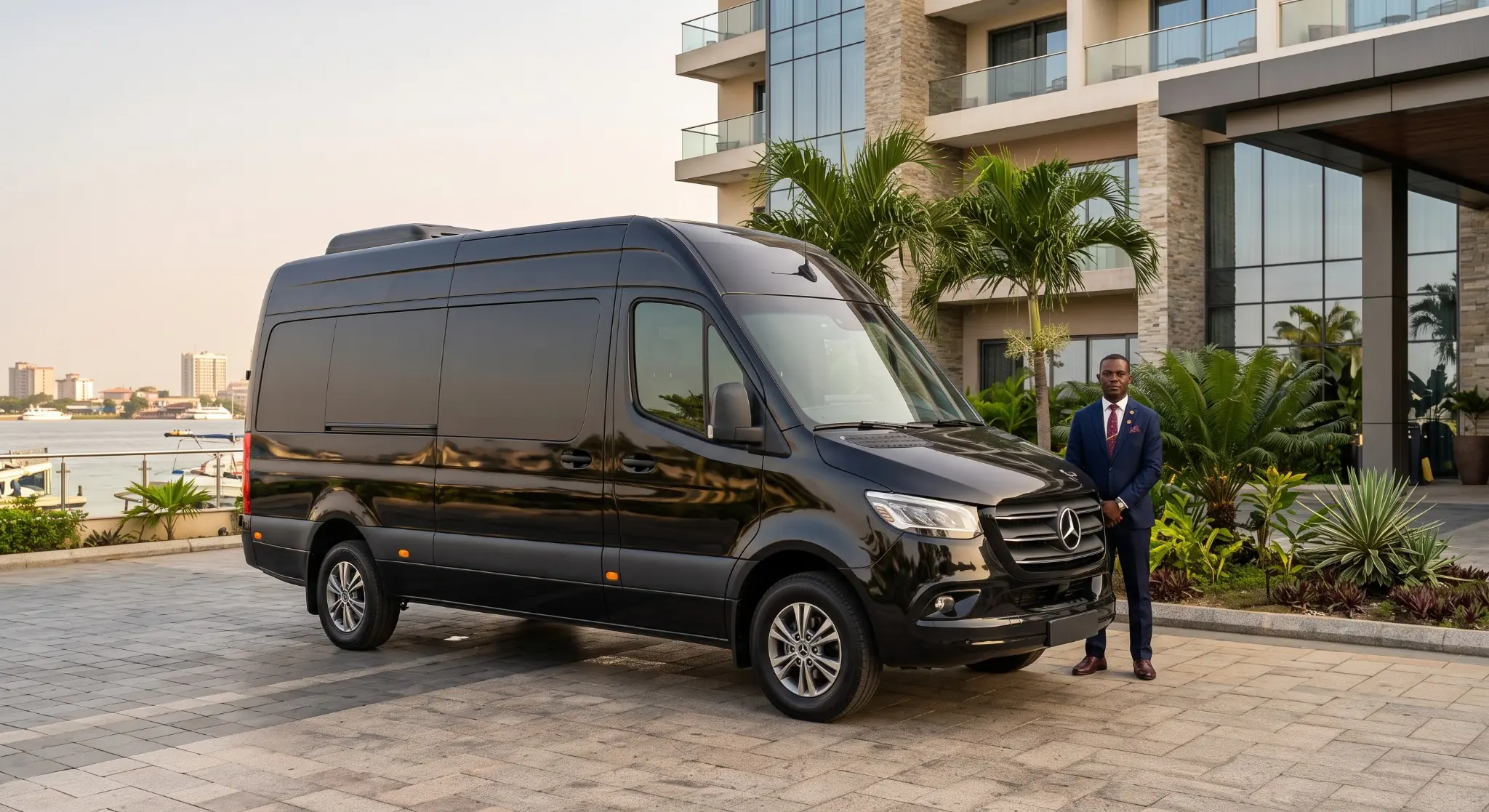 Black Mercedes Sprinter-class luxury shuttle at a premium venue