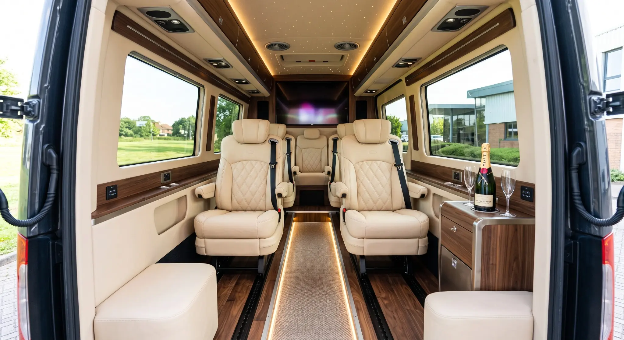 Bright luxury shuttle cabin with captain chairs, entertainment screen and secure drink holders