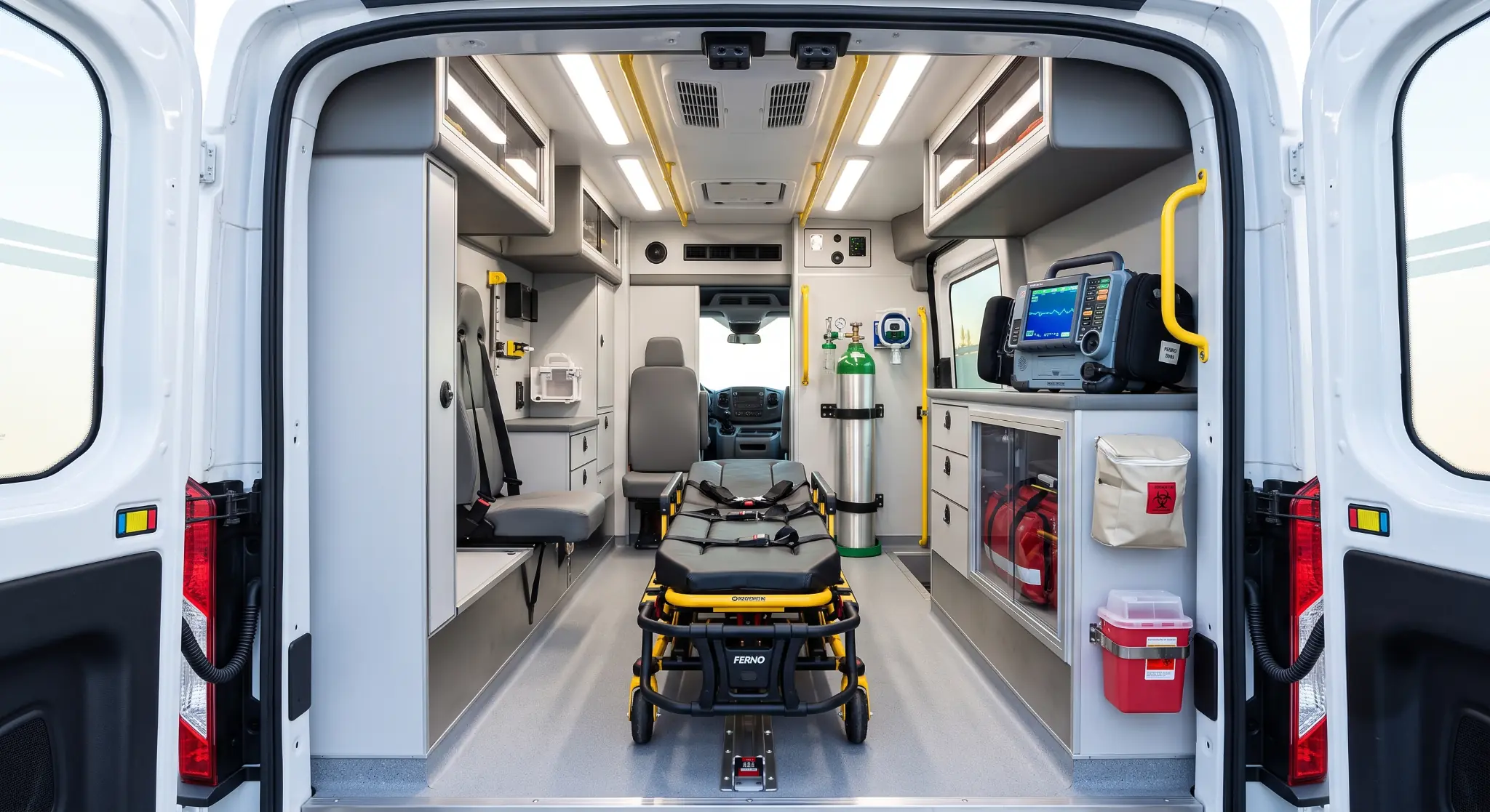 Bright ambulance treatment cabin with locked stretcher, oxygen and patient monitoring equipment
