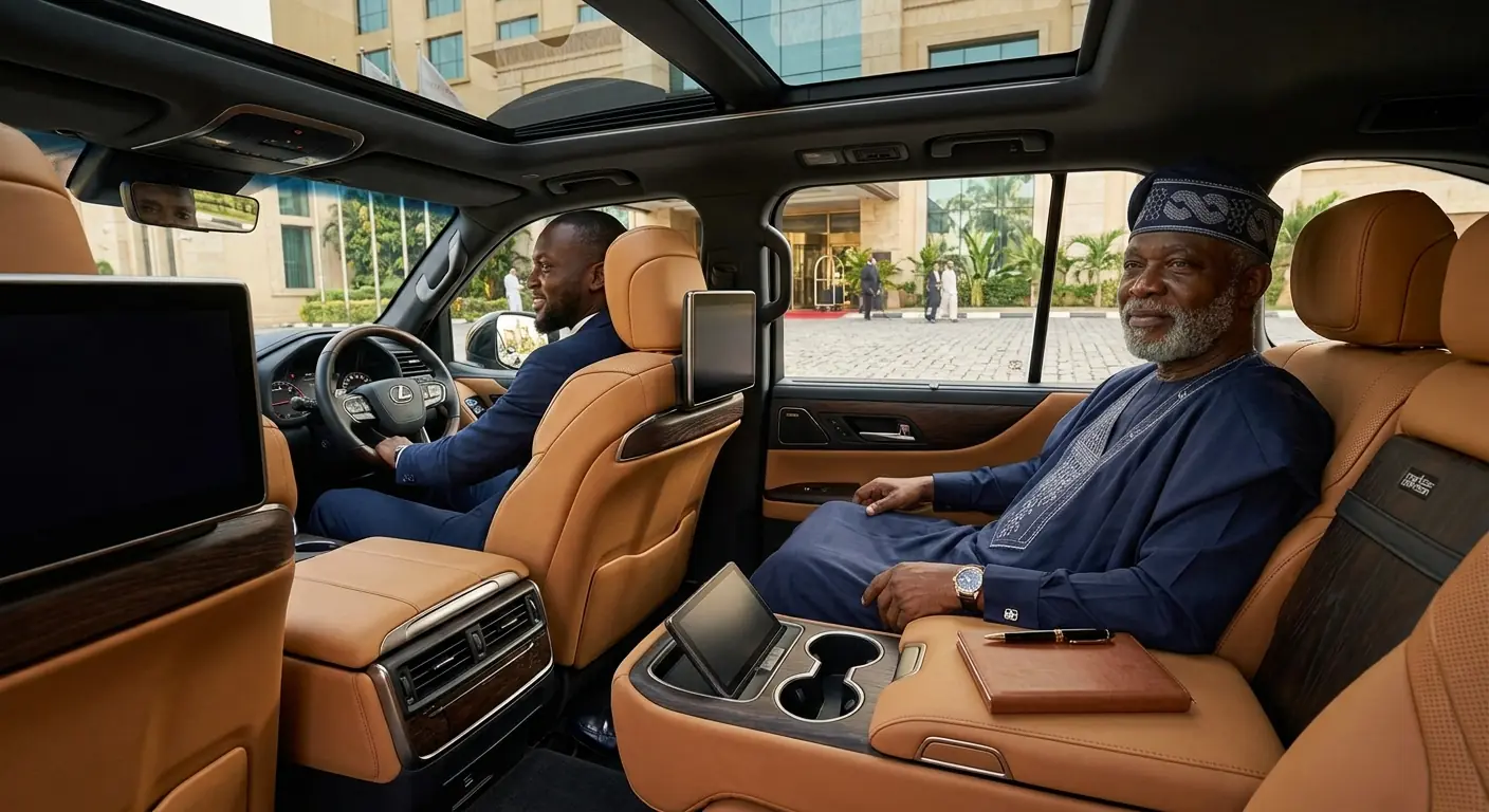 Premium SUV cabin with chauffeur, executive passenger, tan leather seating, screens and rear controls