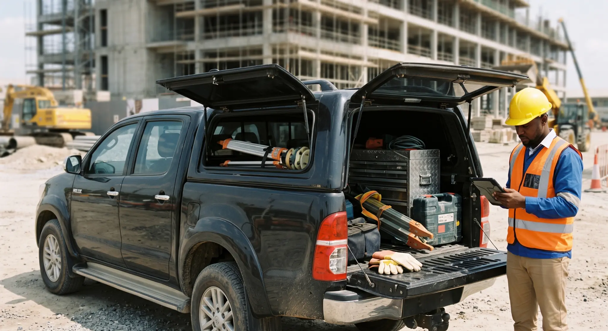 Double-cab pickup with secured light equipment inside an active managed construction site